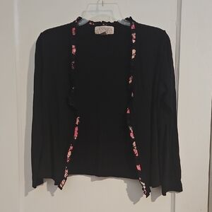 Casual Corner Black Cardigan with Pink Floral Trim Size Small Petite